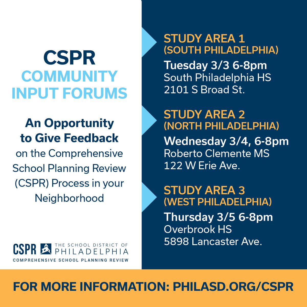 Attention Families! If your child attends a school currently being reviewed as a part of the District’s Comprehensive School Planning Review (CSPR) Process, please join us for a Community Input Forum this week. #PHLed #cspr