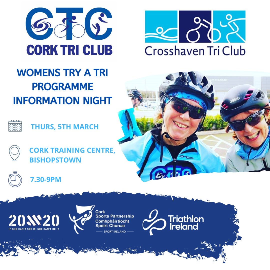 📣 Women’s Try A Tri Programme Information Night 📣

Bring your questions, meet the clubs &amp; chat with new people also looking to start their 6 week journey into triathlon!

📅 Thurs, 5th March
📍 @CorkTrainingCtr
⏰ 7.30-9pm
📩 jkirby@corksports.ie

ℹ️ corksports.ie/womens-try-a-t…