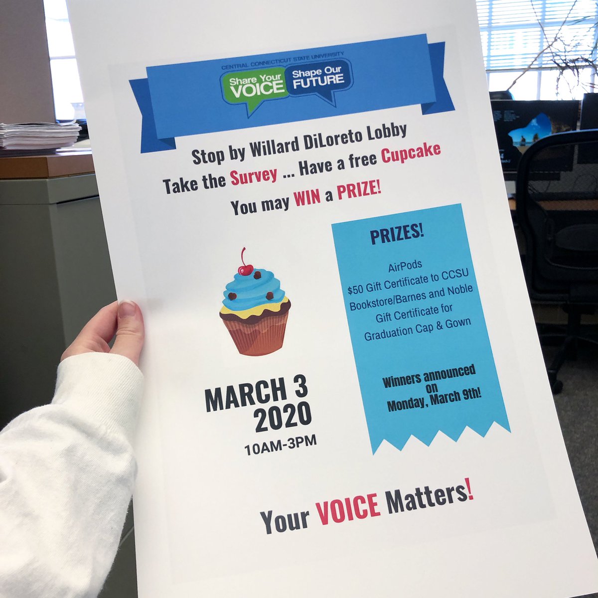 CCSU Assessment (@ccsuassessment) on Twitter photo Will we see you tomorrow for a free cupcake??🧁
Take the survey in Willard-Diloreto and get a free cupcake! Will we see you tomorrow for a free cupcake??🧁
Take the survey in Willard-Diloreto and get a free cupcake!