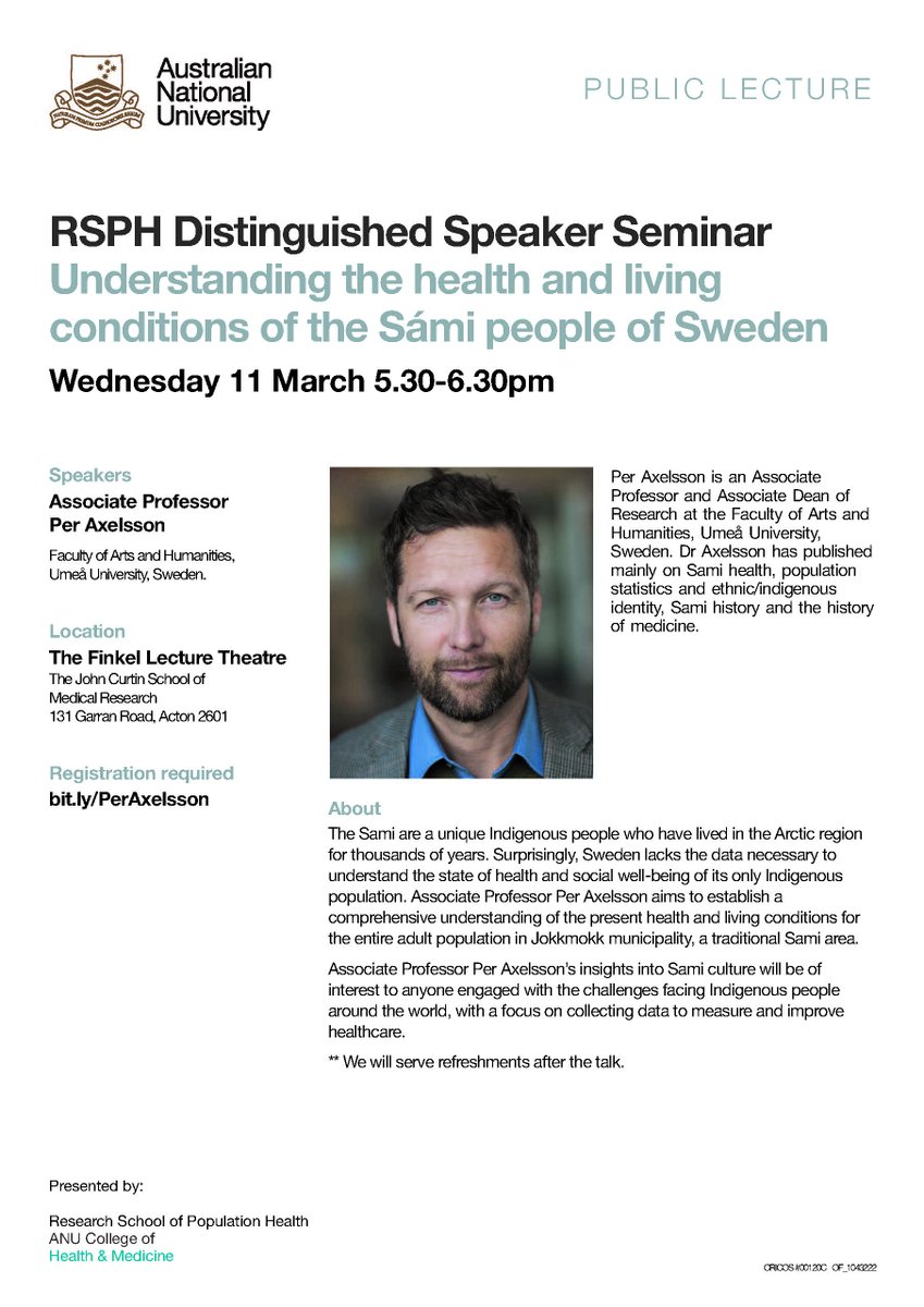 Interested in the challenges facing Indigenous people around the world? Then join us next Weds, 11 March at 5.30pm to find out more <a href="/ANUPopHealth/">ANUPopulationHealth</a> <a href="/AIATSIS/">AIATSIS</a> <a href="/LowitjaInstitut/">Lowitja Institute</a> <a href="/healthgovau/">Australian Dept of Health, Disability and Ageing</a> <a href="/TjabalCentre/">Tjabal Centre</a> <a href="/ArchAnthANU/">ANU School of Archaeology & Anthropology</a> <a href="/ANU_Indigenous/">ANU_Indigenous</a> <a href="/ANU_BioAnth/">ANU Biological Anthropology</a> <a href="/ANU_NCIS/">First Nations</a> eventbrite.com.au/e/understandin…