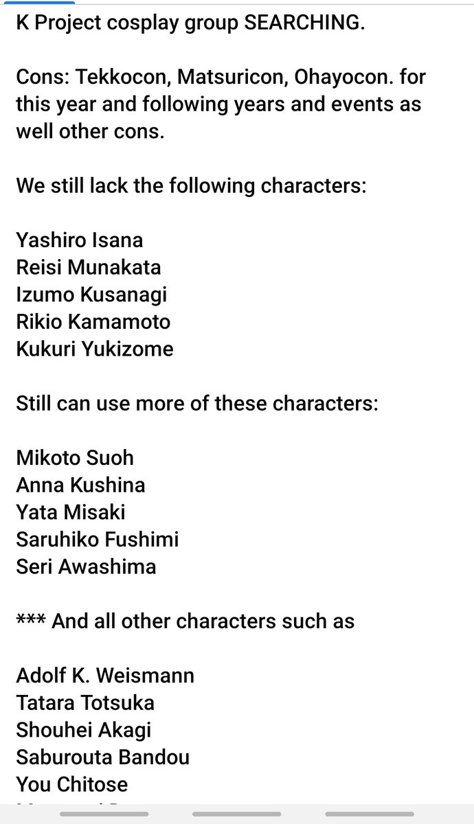 yuzugami_'s tweet photo. hi henlo we are always looking for k project peeps in a cosplay group ! dm me if you're going to these cons and want to do k project characters!  #tekko2020 #matsuricon2020 #ohayocon2020 #kproject https://t.co/ppdEU3I54v