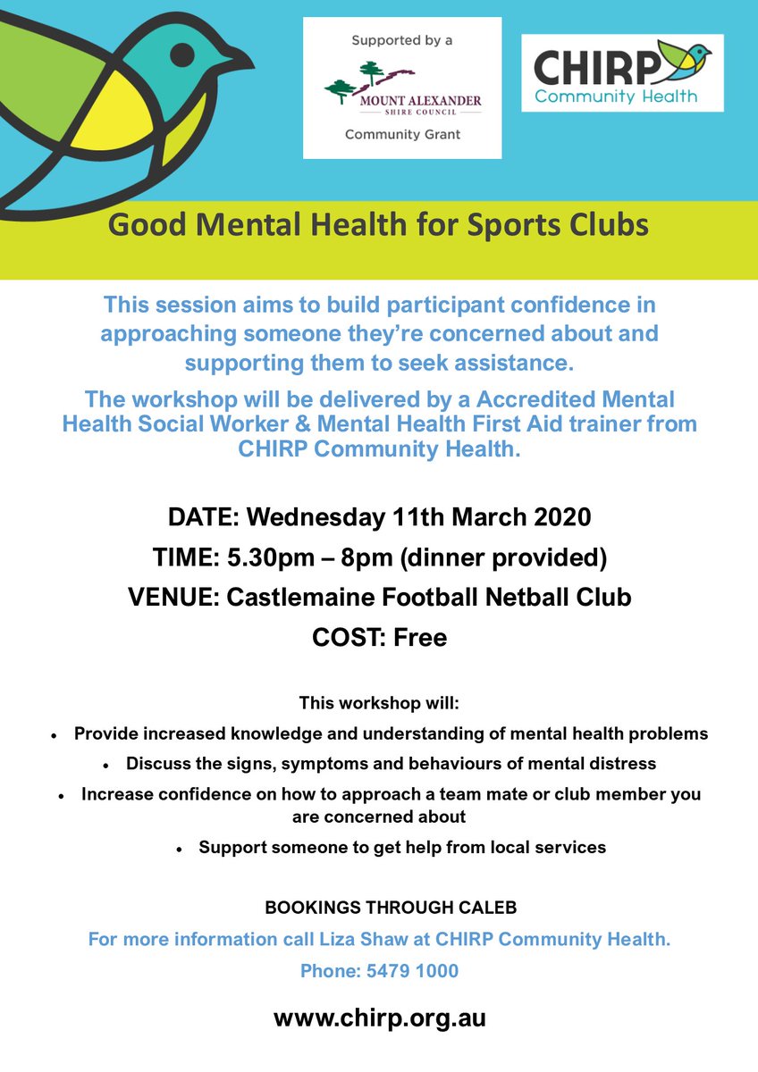 CHIRPtweeting's tweet photo. This training (for club members only) is part of a project which aims to promote the #Mentalhealth of @CastlemaineFNC members. Thanks to support from @CentralVicPCP & @SportsFocus83 and funding from a Mount Alexander Shire Council Community Grant. https://t.co/GmtDAxYHwV