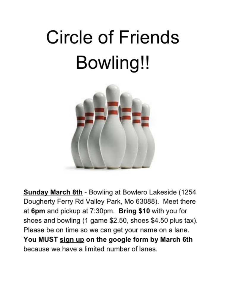 Circle of friends bowling party this Sunday March 8th! Please fill out this google form if you would like to come :) More info is on the flyer!        docs.google.com/forms/d/1D-RlM…