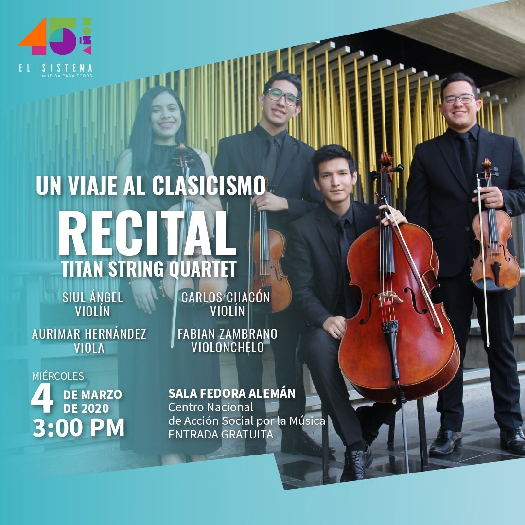 Orquesta Sinfónica Simón Bolívar de Venezuela (@ossbv) on Twitter photo El Titan String Quartet es una agrupación conformada por jóvenes músicos de nuestra orquesta. ¡Ven y disfruta de Un Viaje al Clasicismo! Entrada libre. #Miercoles #Caracas #CNASPM #Recital #RecitalOSSBV El Titan String Quartet es una agrupación conformada por jóvenes músicos de nuestra orquesta. ¡Ven y disfruta de Un Viaje al Clasicismo! Entrada libre. #Miercoles #Caracas #CNASPM #Recital #RecitalOSSBV