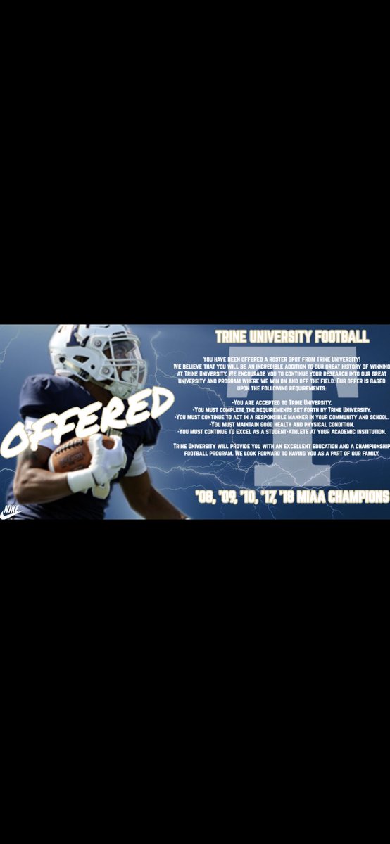 MalikJoseph7's tweet photo. Blessed to receive an offer from Trine university! Go thunder! 🌩 @TrineThunderFB @coachparker85 https://t.co/2d67B9XmPY