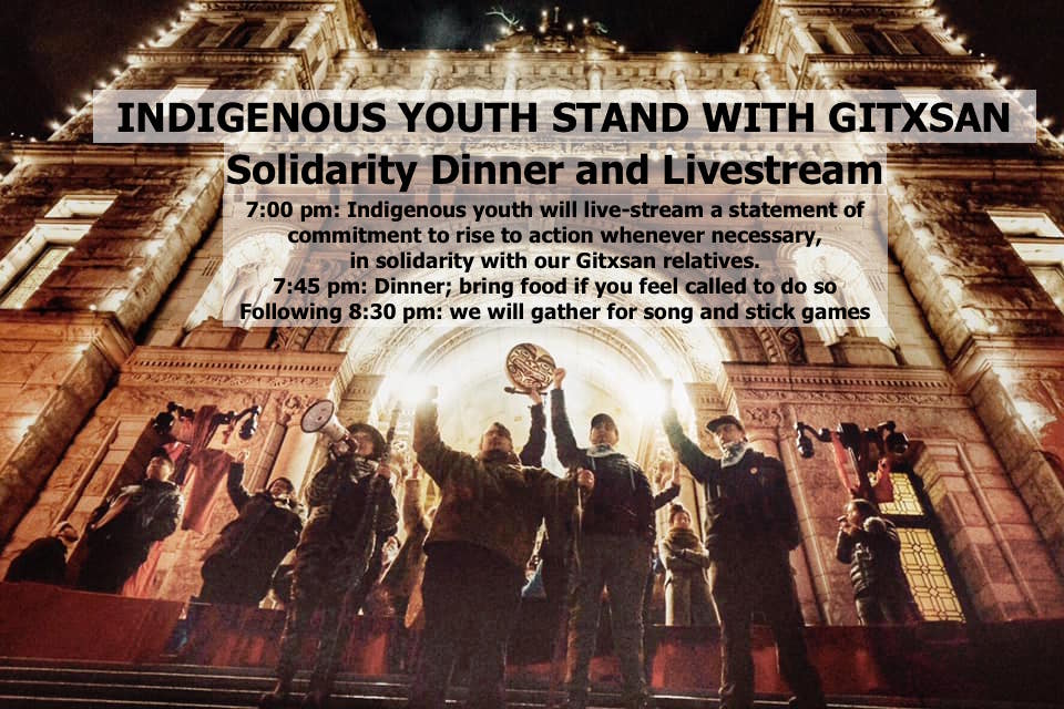 IY4wetsuweten's tweet photo. @shaysampo @wilson_kolin @GinaMowatt TONIGHT: GITXSAN SOLIDARITY DINNER & LIVESTREAM
7pm: Livestream of a statement of commitment to rise to action whenever necessary, in solidarity with our Gitxsan relatives
7:45: We will host dinner; attendees can bring food if they feel called to do so
8:30: Song & stick games https://t.co/RkDngrnu2p
