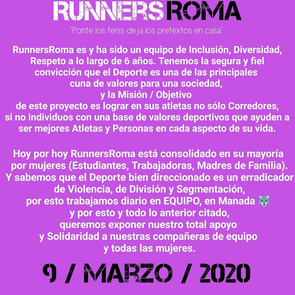 RunnersRoma's tweet photo. @RunnersRoma Comunica su total apoyo y solidarización a nuestras compañeras de equipo y mujeres en general. #9Marzo 
@asdeporte @innovasport @RunnersWorldMex @RunExperienceMX @LaRomaDF @TriFerrari @EnLaCondesaMx https://t.co/aMA0ptSEhj