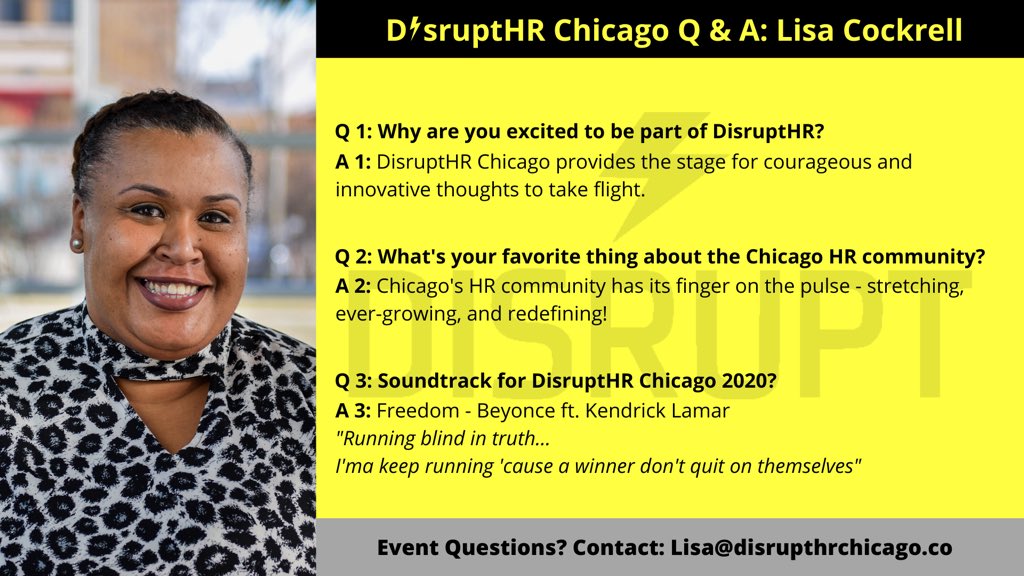 Continuing our DisruptHR Chicago Q&amp;A series, welcome our next board member.

Lisa is our event management liaison for the DisruptHR Chicago board. She was a DisruptHR Chicago speaker in 2019.

Grab your tickets here: disrupthrchicago.co

#DisruptHRChi