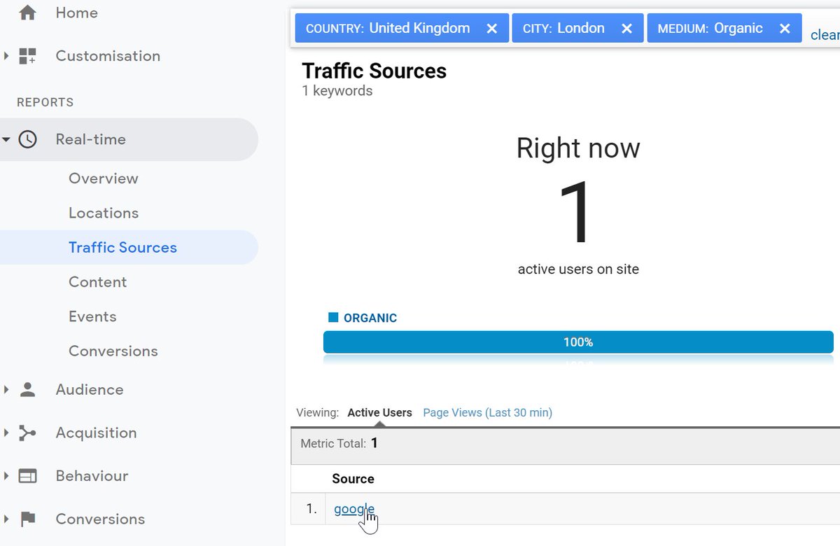 160. Analytics.It's very easy to miss, but you can also filter realtime reports. Just click the links in the tables, and GA adds them as filters (see the breadcrumb here for example)