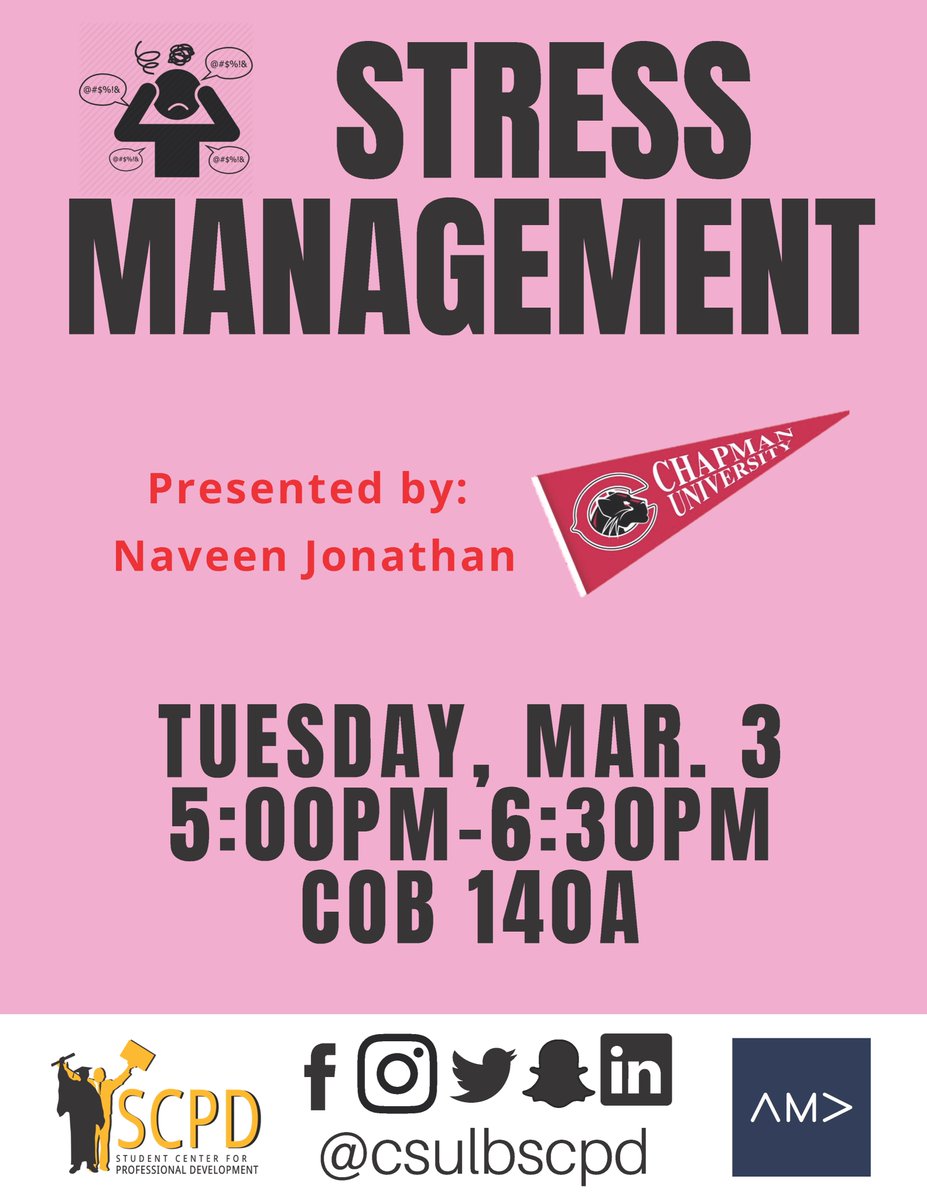 Get through midterm season with the help of the Stress Management workshop offered by AMA and @CSULBSCPD  Chill out with us tomorrow (3/3) from 5 p.m. to 6:30 p.m. in COB 140A!

#marketing #csulb #stress #wellness #selfcare