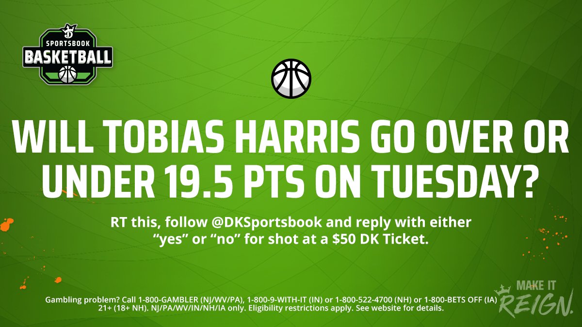 DKSports's tweet photo. 🚨GIVEAWAY🚨

Will Tobias Harris go Over or stay Under 19.5 pts on Tuesday vs. LA Lakers?

1. RT
2. Follow @DKSportsbook 
3. Reply correctly with "Over" or "Under"

Three randomly chosen right answers have a shot at $50 DK Dollars.

Ts &amp; Cs: https://t.co/i5pRkdDfBb https://t.co/KpZxIPRmfz