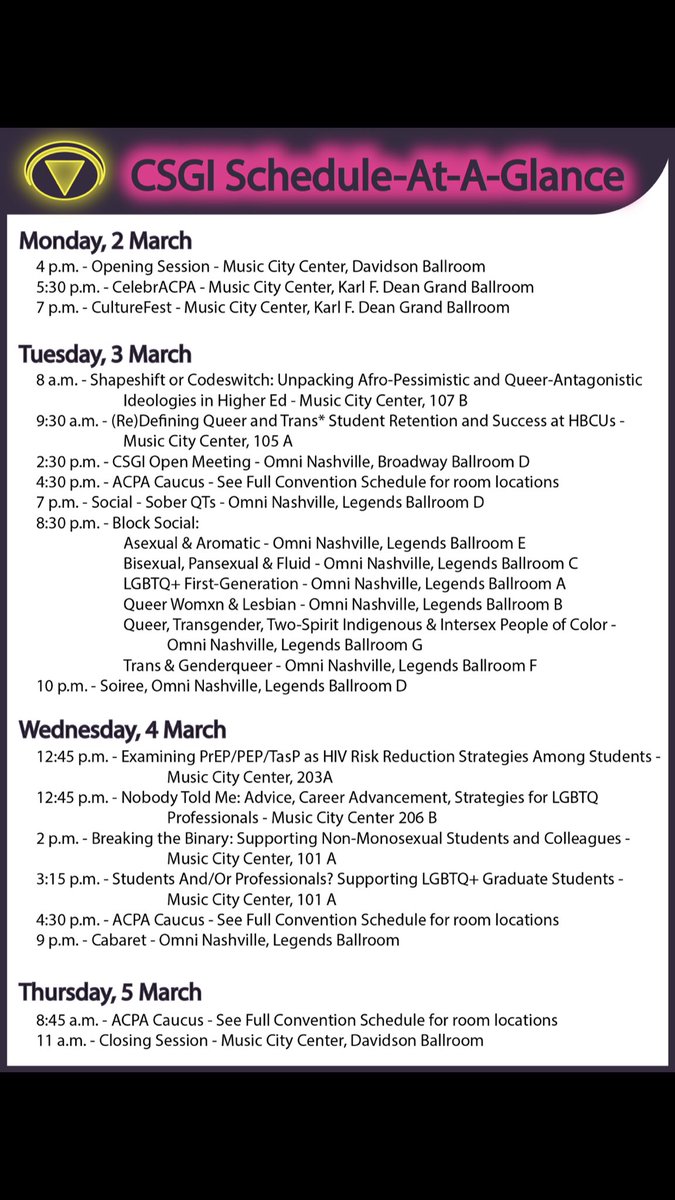 ACPA_CSGI's tweet photo. ACPA! Check out CSGI’s Schedule-At-A-Glance! Let us know what you’re most excited for! #csgiengage #csgiempower #csgischolarship #acpacsgi https://t.co/GrUmB449K6