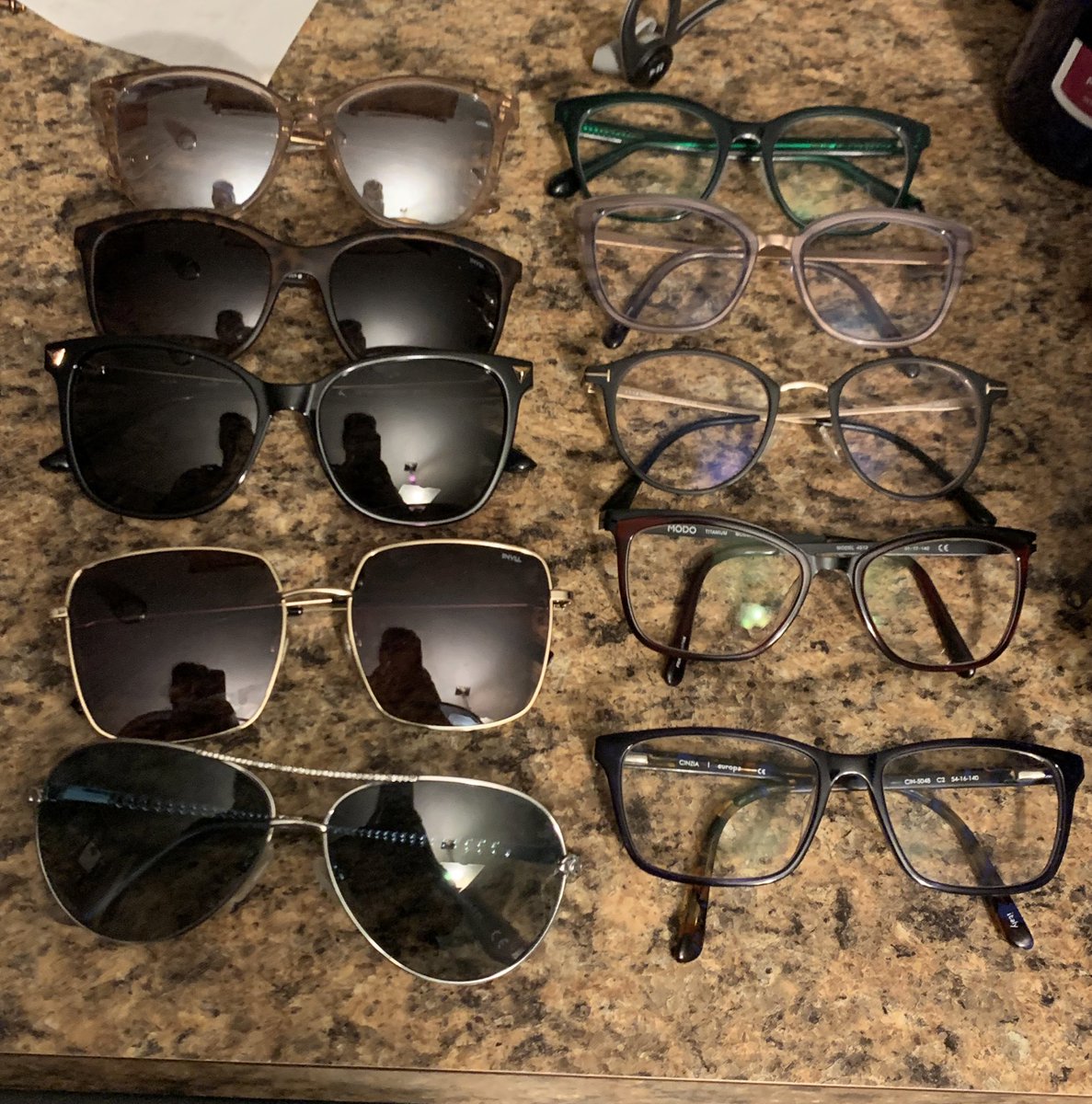 crosochacki's tweet photo. In 3 years I have accumulated 5 pairs of glasses and 5 pairs of sunglasses working at an optometrist office. My mother calls it an obsession, I don’t 🤣 https://t.co/BAzn2akE8q