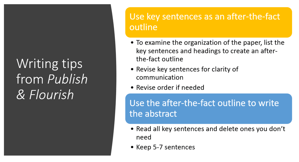 I highlighted great writing tips from the book Publish & Flourish by Tara Gray. My favorites are to use key sentences as an outline & to create the abstract.  #AcWri 14/17