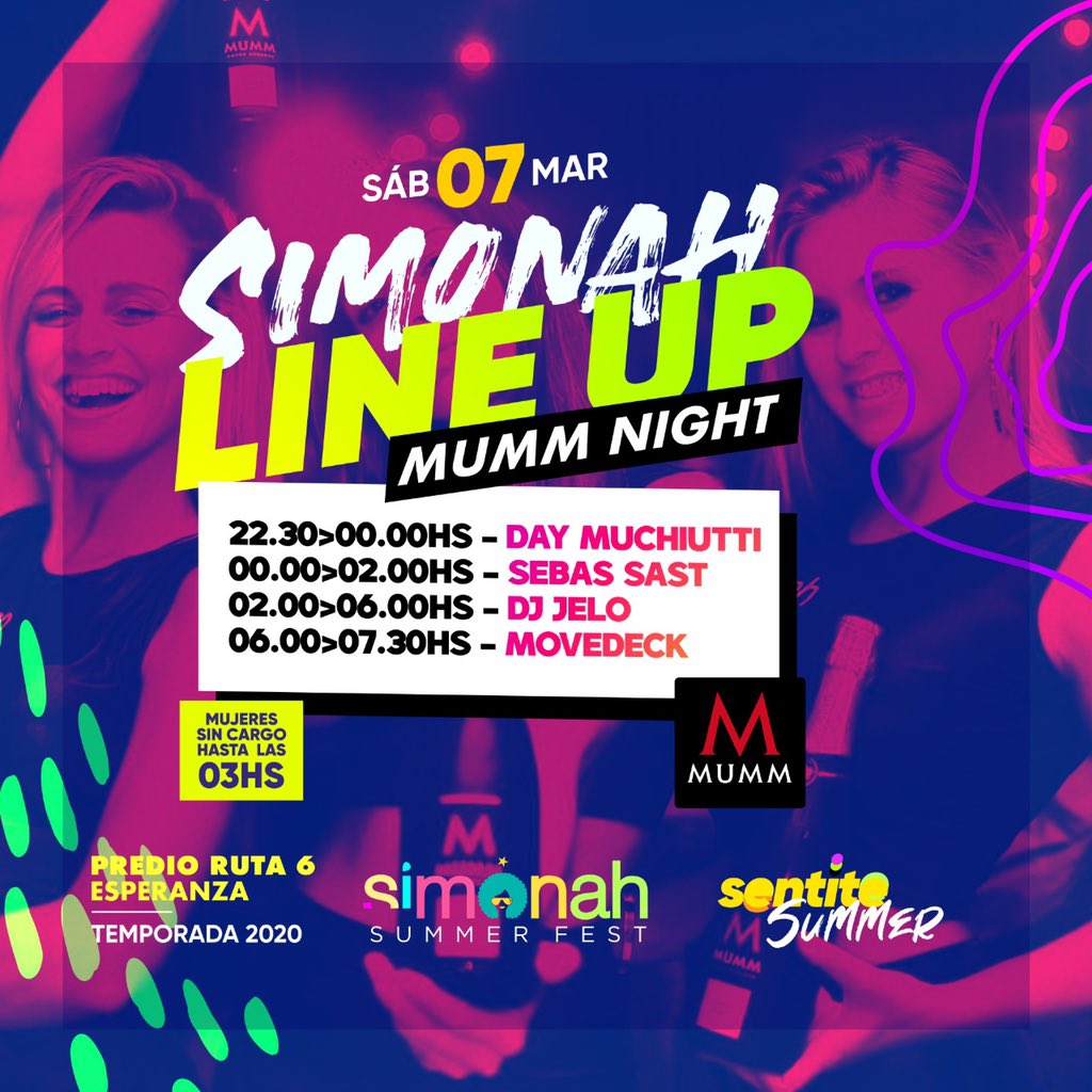 SIMONAHDISCO's tweet photo. #Sab07 #SimonahSummerFest Special Night 👉🏻👉🏻 Line Up 👇🏻👇🏻👇🏻#DayMuchiutti #SebasSast #DjJelo #Movedeck 
a plenooooo !!!! 
#MujeresFREE #Hs03  #SentiteSUMMER 
💥🎉💥🎉💥🎉💥🎉💥🎉💥🎉
@emiherreraaa @LucianoPiazzaOk @DjJelook @DjPicantee @AgusCavallo @ClaudioWeppler @CaliOk3 https://t.co/cpFmhn0Bj9