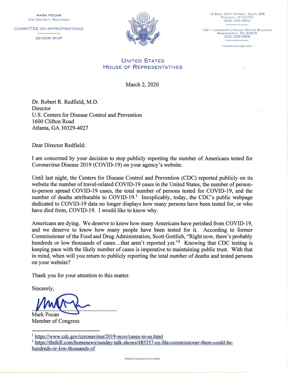 This is unacceptable. I just sent a letter to @CDCDirector demanding answers to why their website removed public data on the number of patients tested in the United States. The American people deserve answers.