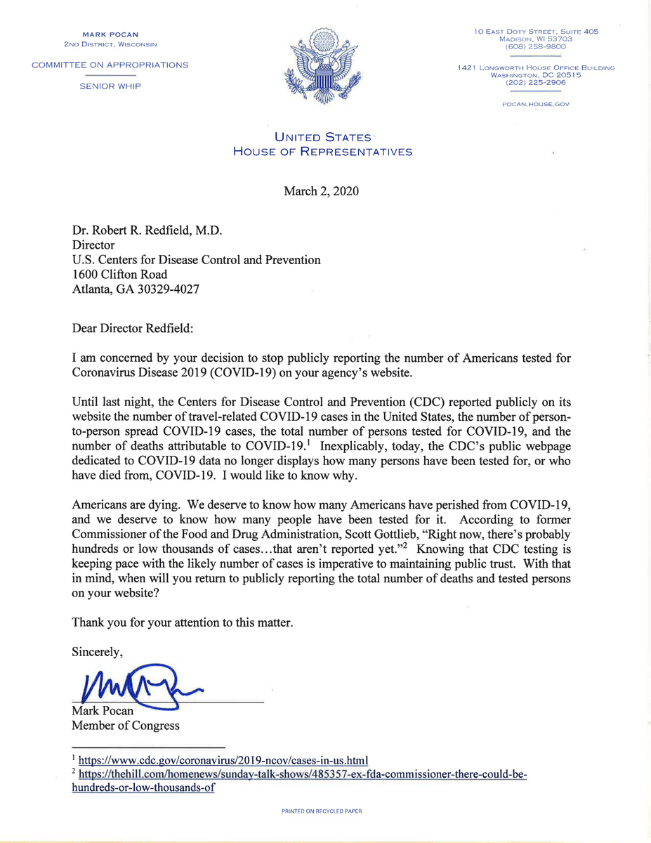 RepMarkPocan's tweet photo. This is unacceptable.

I just sent a letter to @CDCDirector demanding answers to why their website removed public data on the number of patients tested in the United States.

The American people deserve answers. https://t.co/Sh6JRYBjRz