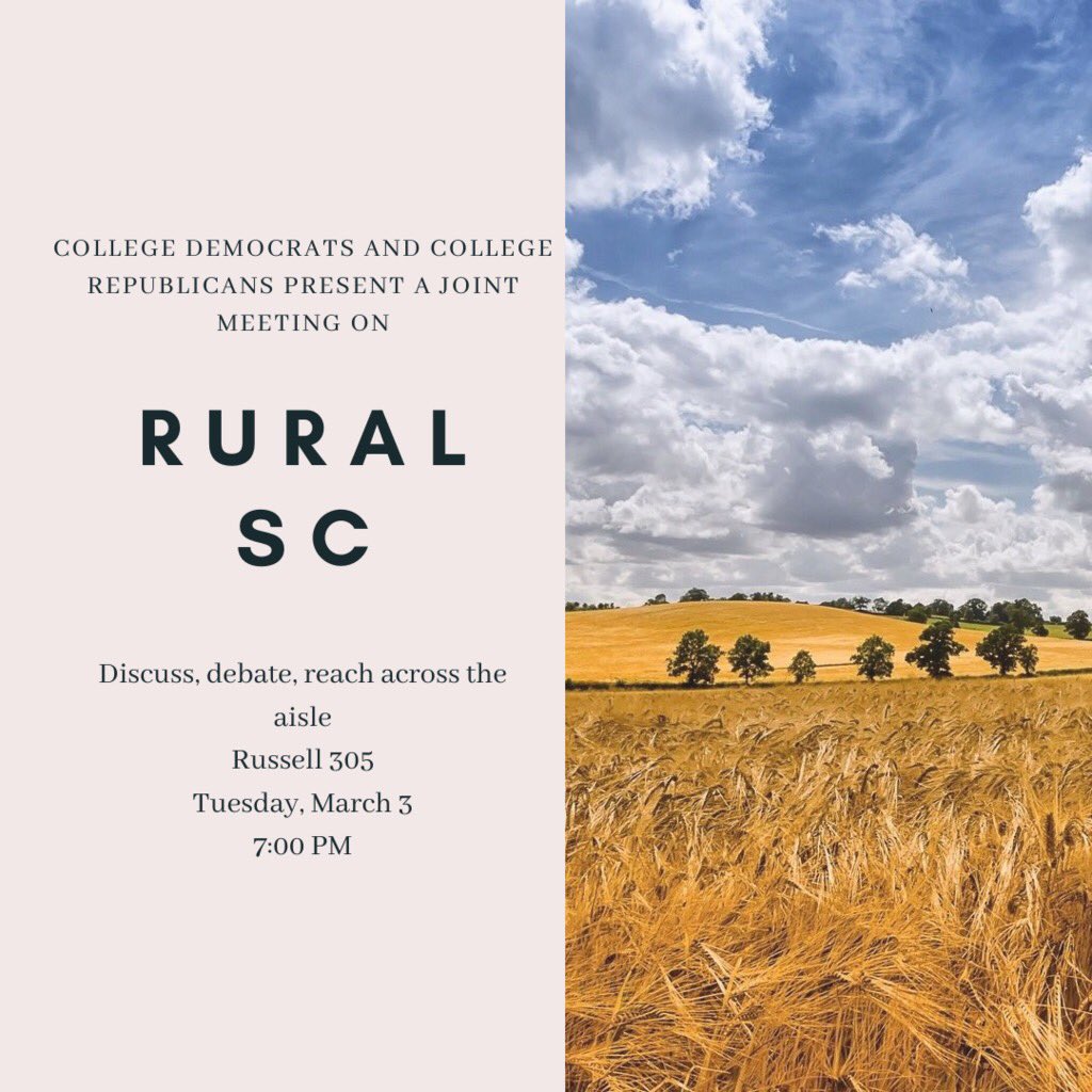 usccollegedems's tweet photo. Tomorrow, Tuesday the 3rd, we will be meeting in Russell House 305 with the College Republicans. Our main topic of discussion will be issues pertaining to rural South Carolina, like internet access, education and telemedicine. We will be meeting at our usual time of 7:00 pm https://t.co/eCCqBbGGlP