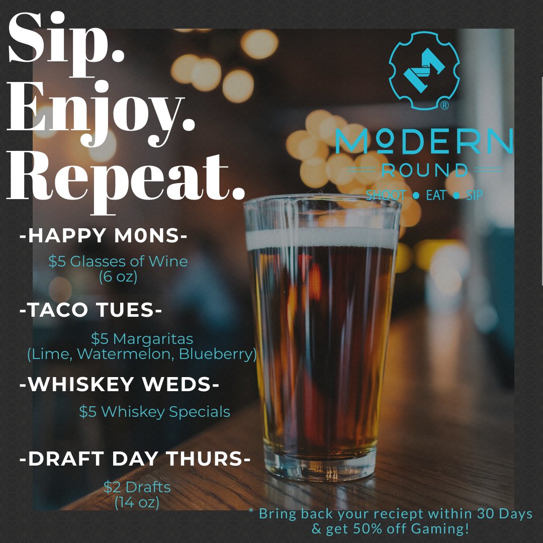 modernround's tweet photo. Week Day Bar Specials are here and they are worth drinking to! 🍻 There is something for everyone so stop by during the week to enjoy the drink deal for that day!
#modernround #peoriaaz #peoriaarizona #phoenixaz #phoenixarizona #eatdrinkrevelry #barspecials #weekdayspecials https://t.co/dxsINxJpdM