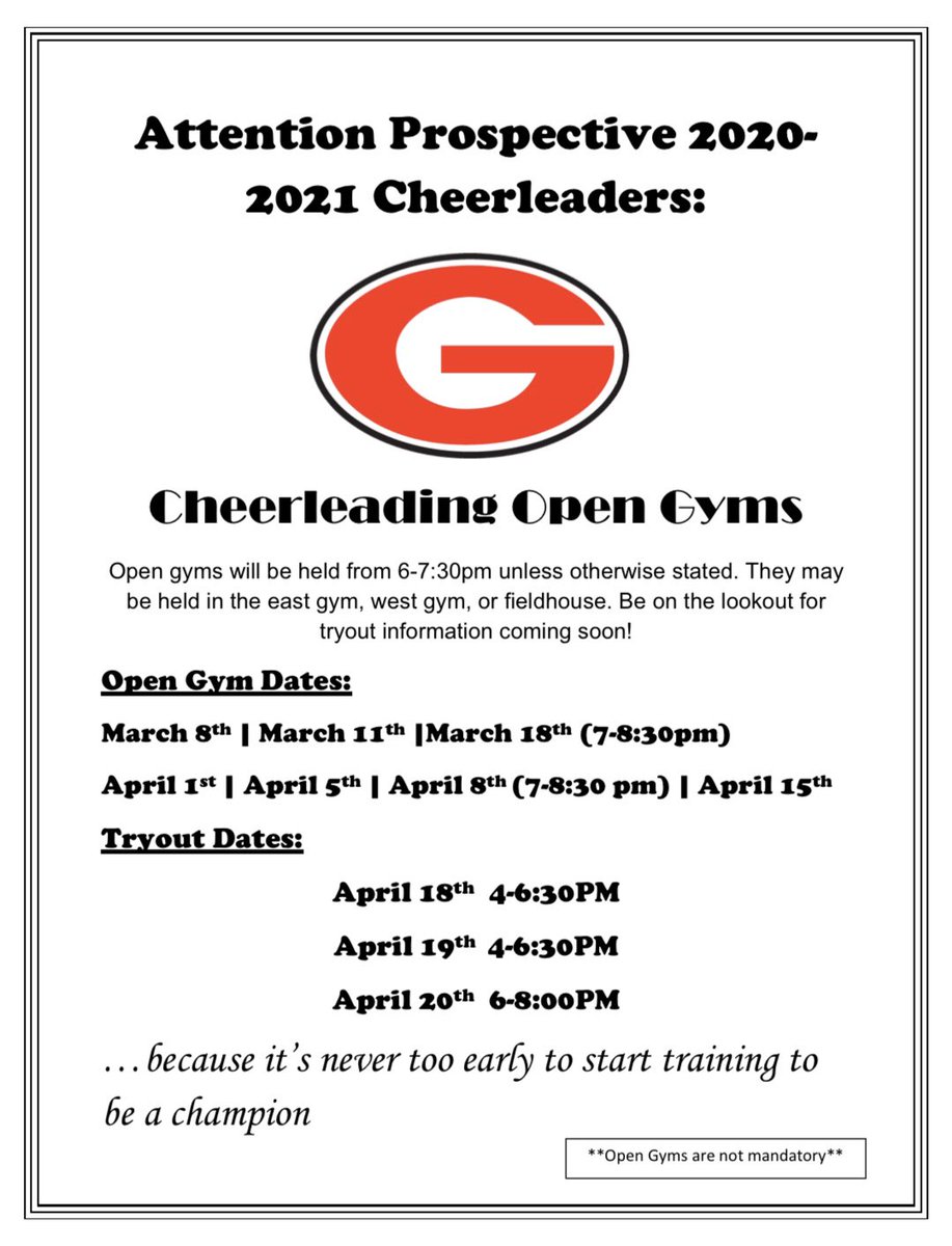 GrantCheer's tweet photo. 📣Our first open gym is THIS SUNDAY at 6-7:30pm in the fieldhouse!! 

🗣Spread the word to anyone who would be interested in cheering next season!! 

#JoinTheLegacy https://t.co/IYb6O7fQHK