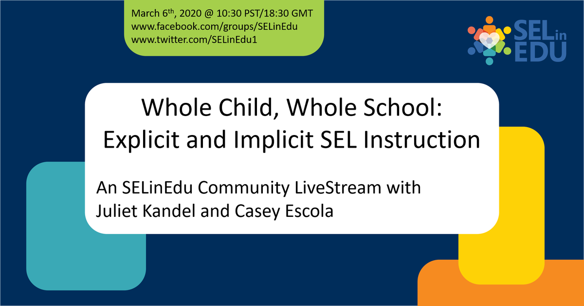 SELinEdu1's tweet image. Join us this Friday at 10:30 PST for a livestream interview with Juliet Kandel and Casey Escola as they preview their upcoming @ASCD #Empower20 presentation on the benefits of a combined explicit/implicit approach to #SEL.
@cfchildren 
#GrowKinder