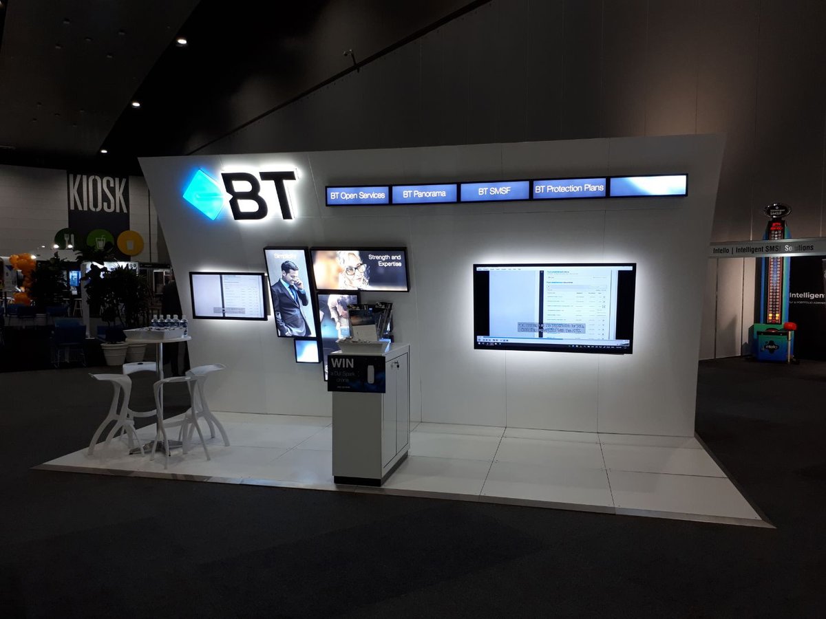 Exhibitionco's tweet photo. We recently installed this stand again for BT. A highly versatile custom stand designed to suit various floor plans depending on floor space available at each event. It has been used in various configurations: Here as a 6m x 3m - we have also installed as a 6m x 2m &amp; 3m x 2m. https://t.co/crJF4NbWHK