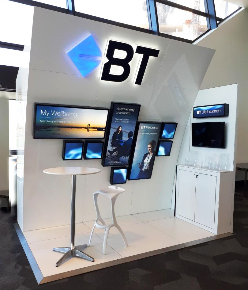 Exhibitionco's tweet photo. We recently installed this stand again for BT. A highly versatile custom stand designed to suit various floor plans depending on floor space available at each event. It has been used in various configurations: Here as a 6m x 3m - we have also installed as a 6m x 2m &amp; 3m x 2m. https://t.co/crJF4NbWHK
