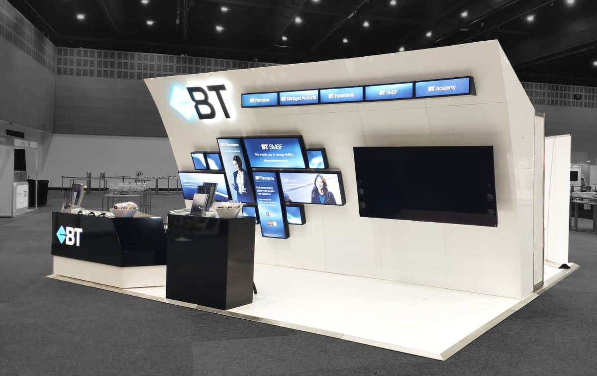 We recently installed this stand again for BT. A highly versatile custom stand designed to suit various floor plans depending on floor space available at each event. It has been used in various configurations: Here as a 6m x 3m - we have also installed as a 6m x 2m &amp; 3m x 2m.