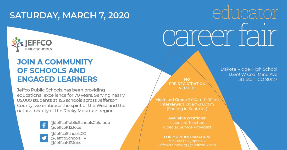Don’t miss this opportunity! <a href="/JeffcoSchoolsCo/">Jeffco Public Schools</a> is hosting an Educator Career Fair on Sat, March 7th for anyone interested in working as a Licensed Teacher or Special Service Provider. Visit our job board at jeffcok12jobs.org <a href="/JeffcoSchoolsHR/">Jeffco Public Schools Human Resources</a> #TeamJeffco #TeachAtJeffco