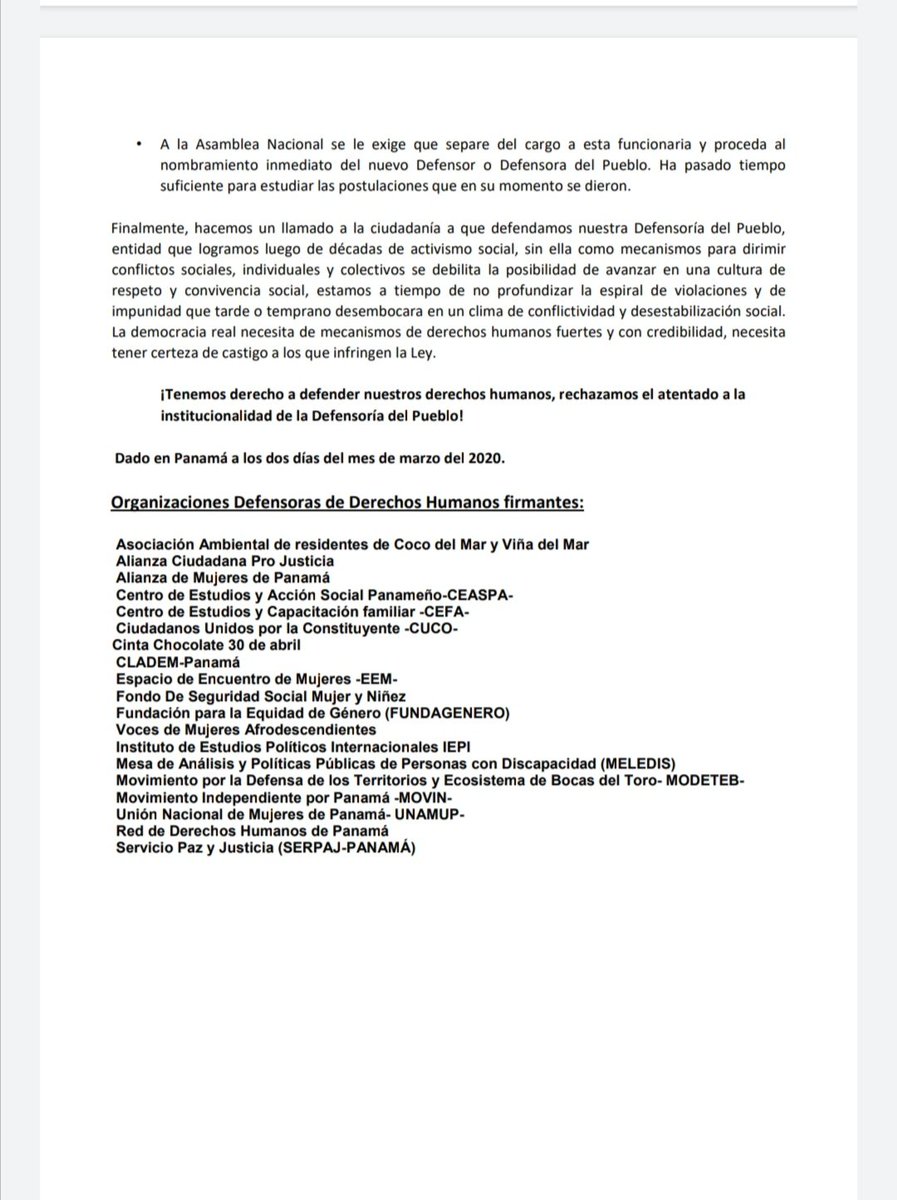 Organizaciones de Derechos Humanos de Panamá pedimos remover a la Defensora del Pueblo encargada. No nos merecemos estos niveles de indecencia y de conductas contrarias a la ética del servidor público. 
#FueraMaribelCoco