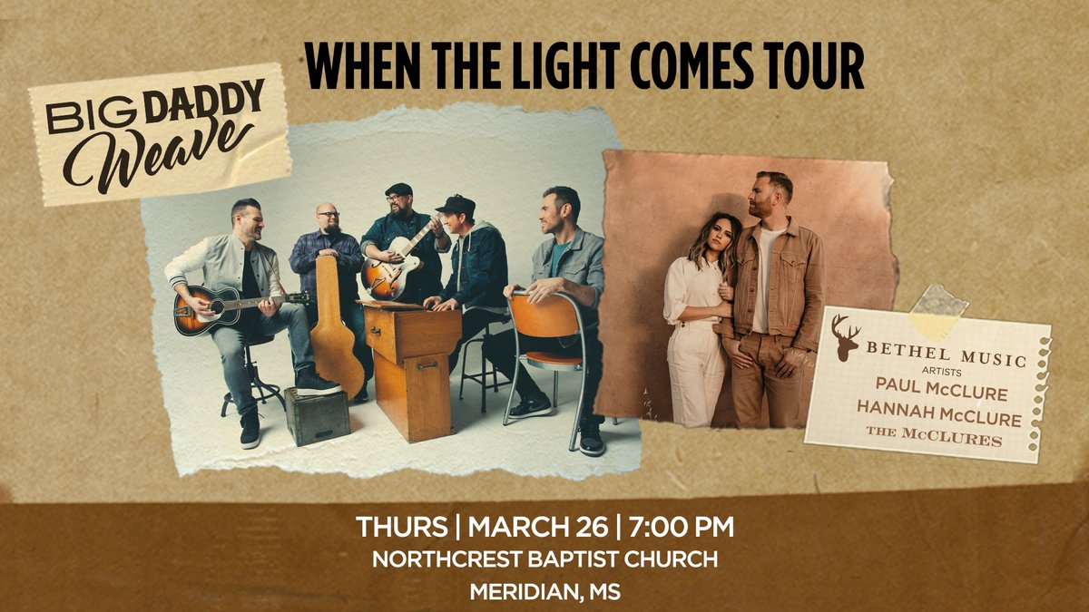 tprlive_co's tweet photo. Meridian! @bdwmusic is coming to Northcrest Baptist Church on March 26th for the When the Light Comes Tour and you don't want to miss it! Snag your tickets here >>   https://t.co/WMdPbmcsNU https://t.co/yXw98YcZVS