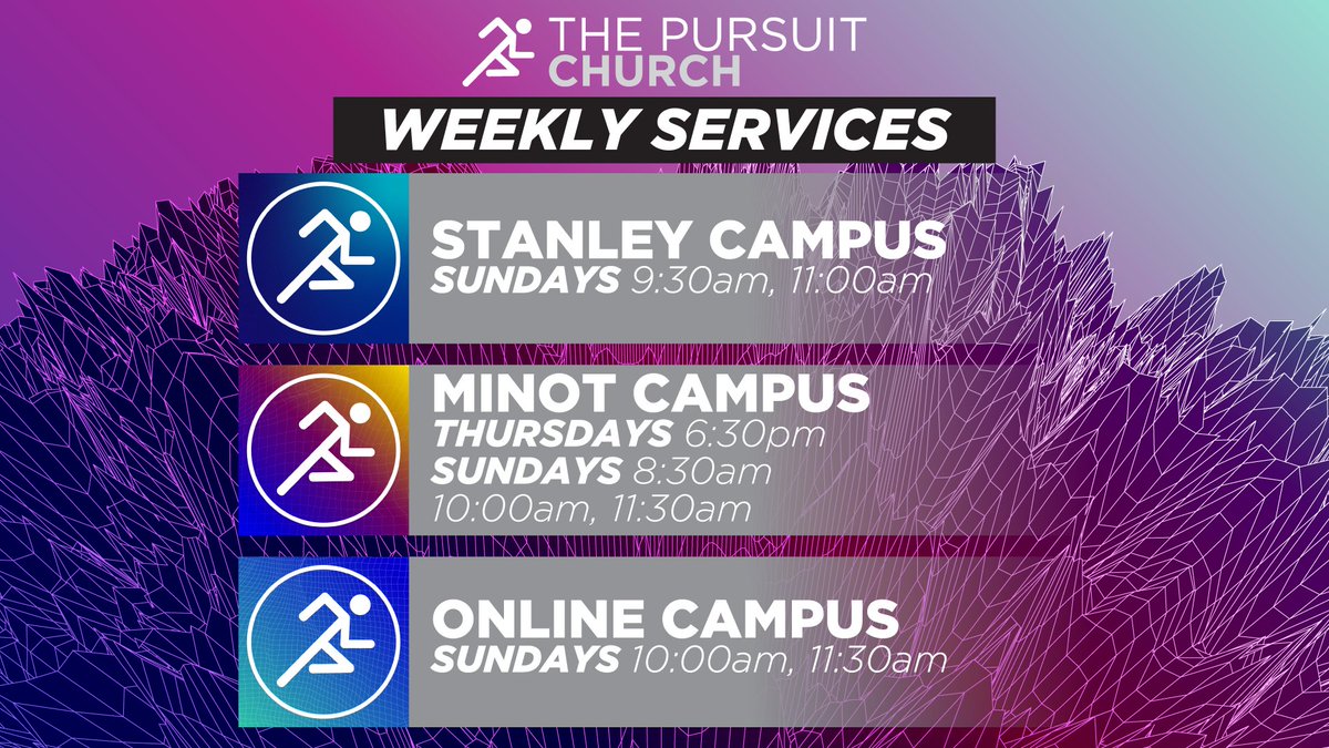 Join us at any of our campus locations:
Minot // Thursdays [beginning MARCH 12TH] 6:30PM &amp; Sundays 8:30AM, 10:00AM, 11:30AM
Stanley // Sundays 9:30AM, 11:00AM
Online // Sundays 10:00AM, 11:30AM
