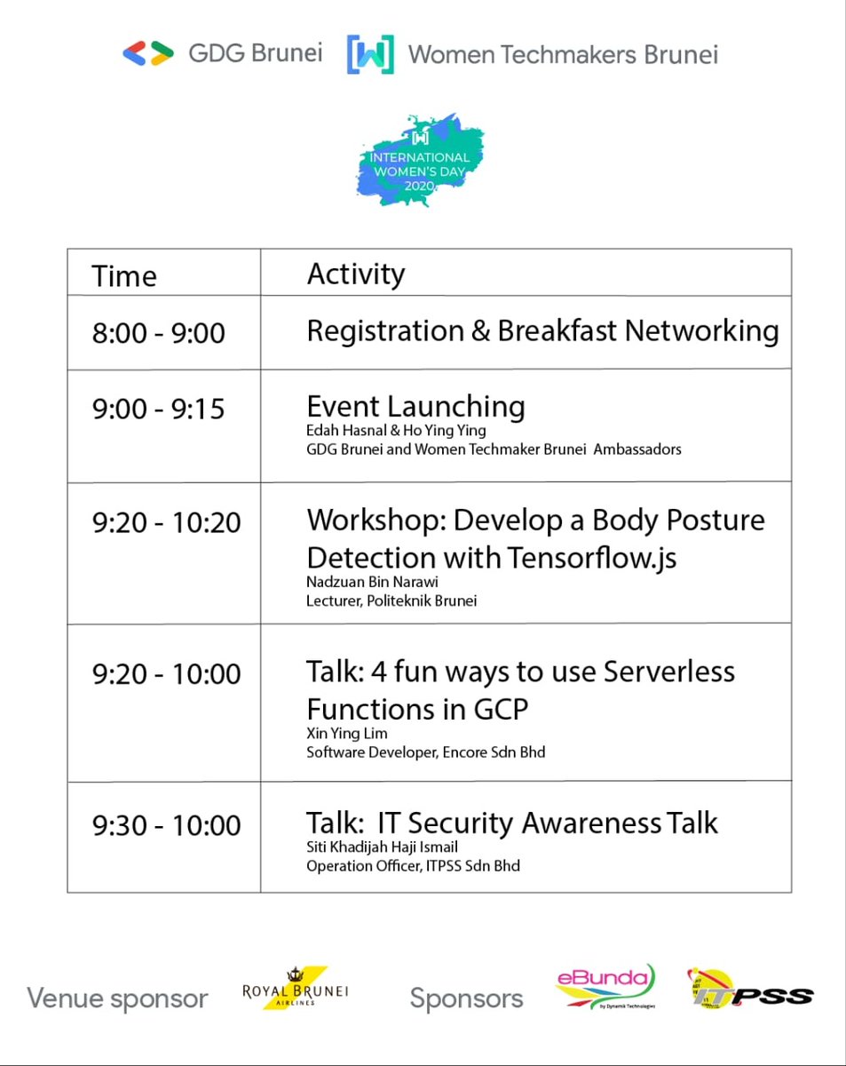 WTM_Brunei's tweet photo. Our schedule for #IWDBrunei2020 is out! π
We still have slots available! Do join us Sun 8 Mar 2020 at our FREE event for Brunei tech enthusiasts celebrating #IWD2020
Register here: https://t.co/0z4CG15mDn
#TogetherWeRise #techbrunei #bruneitech #techbn https://t.co/lShGQaIbyf