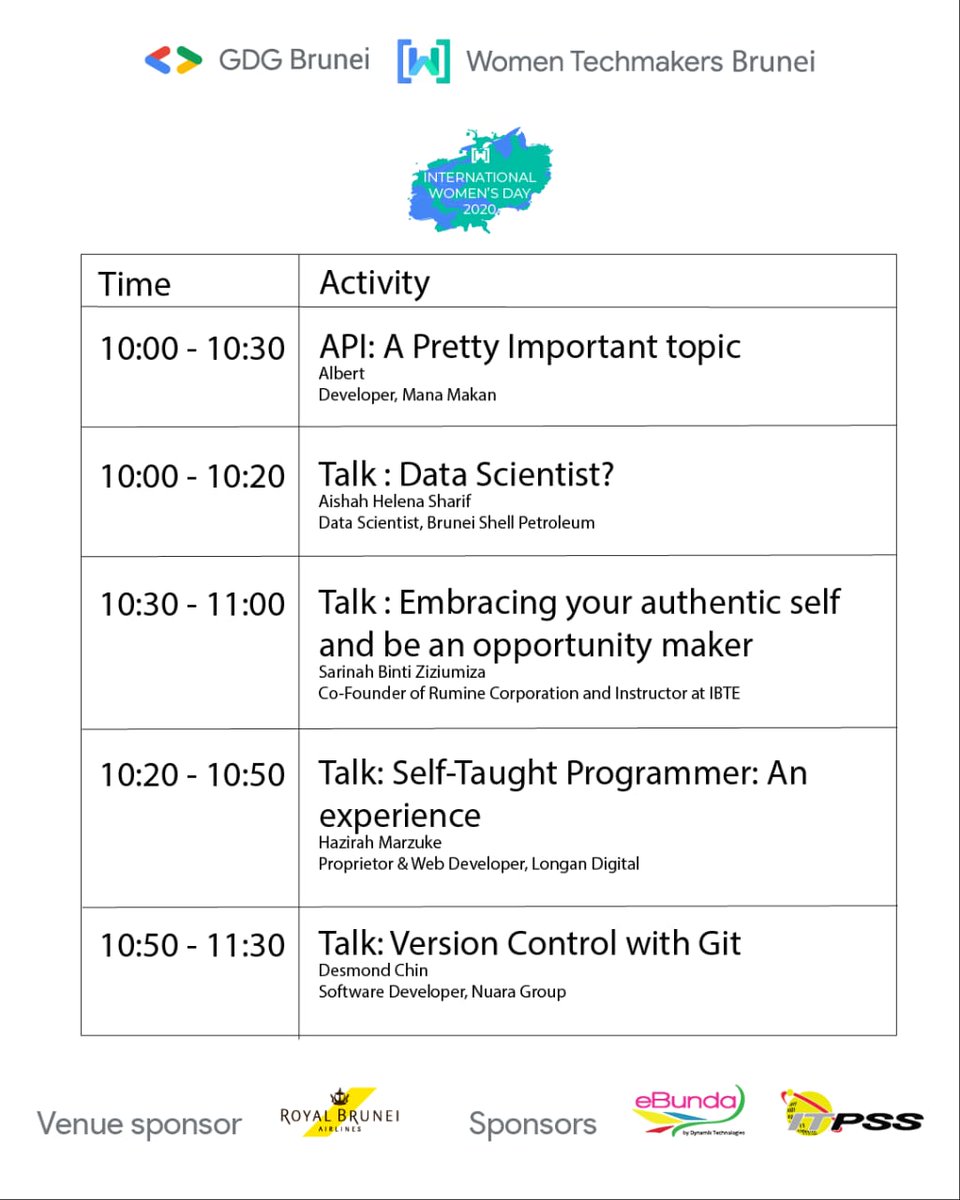 WTM_Brunei's tweet photo. Our schedule for #IWDBrunei2020 is out! π
We still have slots available! Do join us Sun 8 Mar 2020 at our FREE event for Brunei tech enthusiasts celebrating #IWD2020
Register here: https://t.co/0z4CG15mDn
#TogetherWeRise #techbrunei #bruneitech #techbn https://t.co/lShGQaIbyf