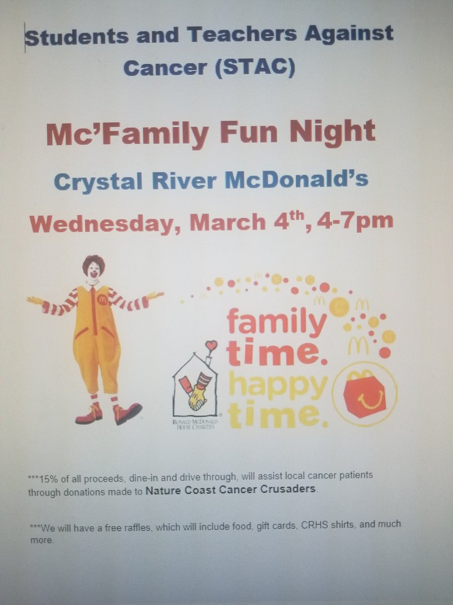 MrsMiller22's tweet photo. Come out on Wednesday to the Crystal River McDonalds and help us raise money for local cancer patients. We will have prizes inside. In a hurry,  drive-thru. We get 15% of all sales from 4-7. Badabababa, I'm lovin' it!!! #piratesuccess https://t.co/Rpevg9cKch