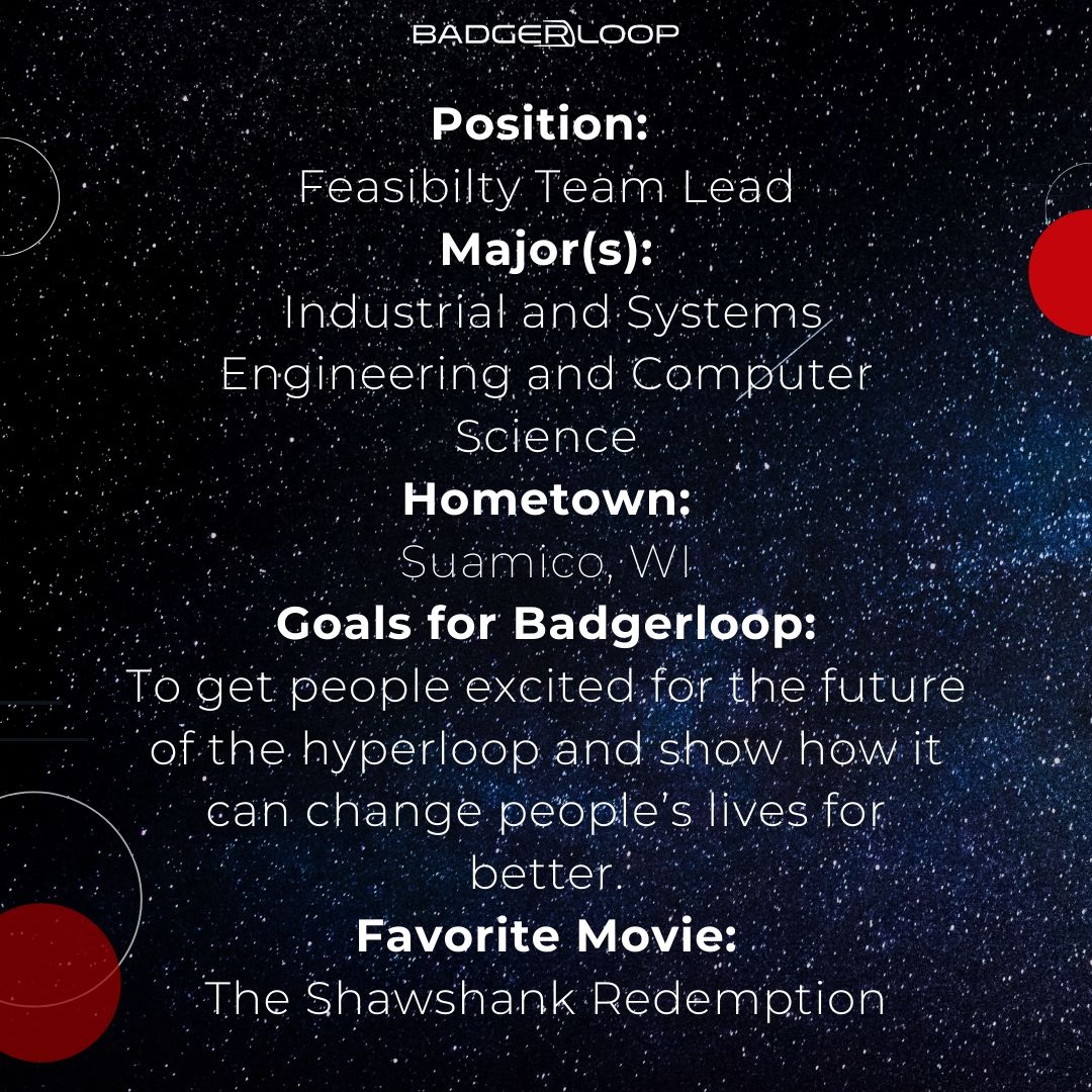 uwsolarracing's tweet photo. Meet Josh, our feasibility team lead. The feasibility team is responsible for researching the possibility of hyperloop transportation technologies in the future. Their work is necessary to progress and revolutionize the way we trevel! #Badgerloop #MeetTheTeamMonday https://t.co/eTmJ3q7JIa