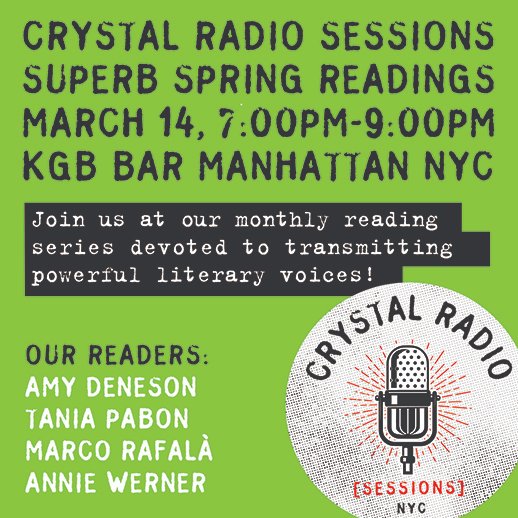 Join <a href="/CrystalRadioLit/">Crystal Radio Sessions</a> at <a href="/KGBBarRedRm/">KGB Bar and Red Room</a> on Saturday. 3/14, between 7-9! Our stellar 🌟 readers include @amydeneson, <a href="/TaniaPabon/">Tania Pabon</a> <a href="/MarcoRafala/">Marco Rafalà</a> and <a href="/annie_werner/">Annie Werner</a>. Some special MC'ing by the one and only <a href="/HarrisLahti/">Harris Lahti</a>! #AmReading #AmWriting <a href="/ReadingSeriesNY/">Reading Series of New York</a>