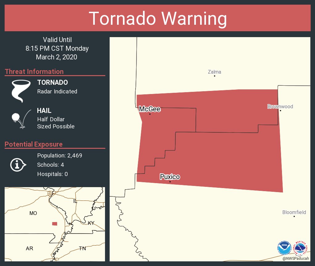 NWStornado's tweet photo. Tornado Warning including Puxico MO, McGee MO until 8:15 PM CST https://t.co/9HwTlPGG82