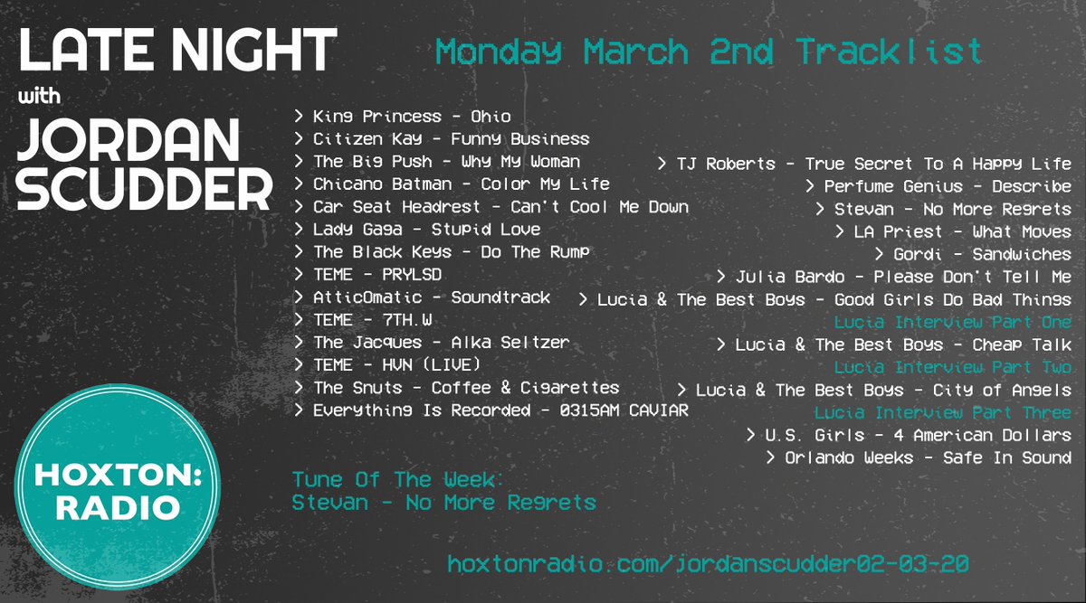 jordan_scudder's tweet photo. Tracks this week on @hoxtonradio from @KingPrincess69 @TheCitizenKay @thebigpushband @ChicanoBatman @carseatheadrest @tememusic @atticomatic @stevan490x @LuciaBestBoys @trulyapriest @TJRoberts_ @OrlandoWeeks @perfumegenius @iamjuliabardo @TheSnuts @TheJacquesUK @GordiMusic https://t.co/HD9MNaOHej