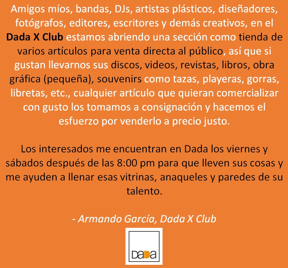 darkrockprod's tweet photo. Les recordamos la invitación de @dadaxclub para llenar los anaqueles de su tienda 😉 #musicaindependiente #artistasplasticos #escritores #fotografos #diseñadores https://t.co/3Fc7KqfZ5z