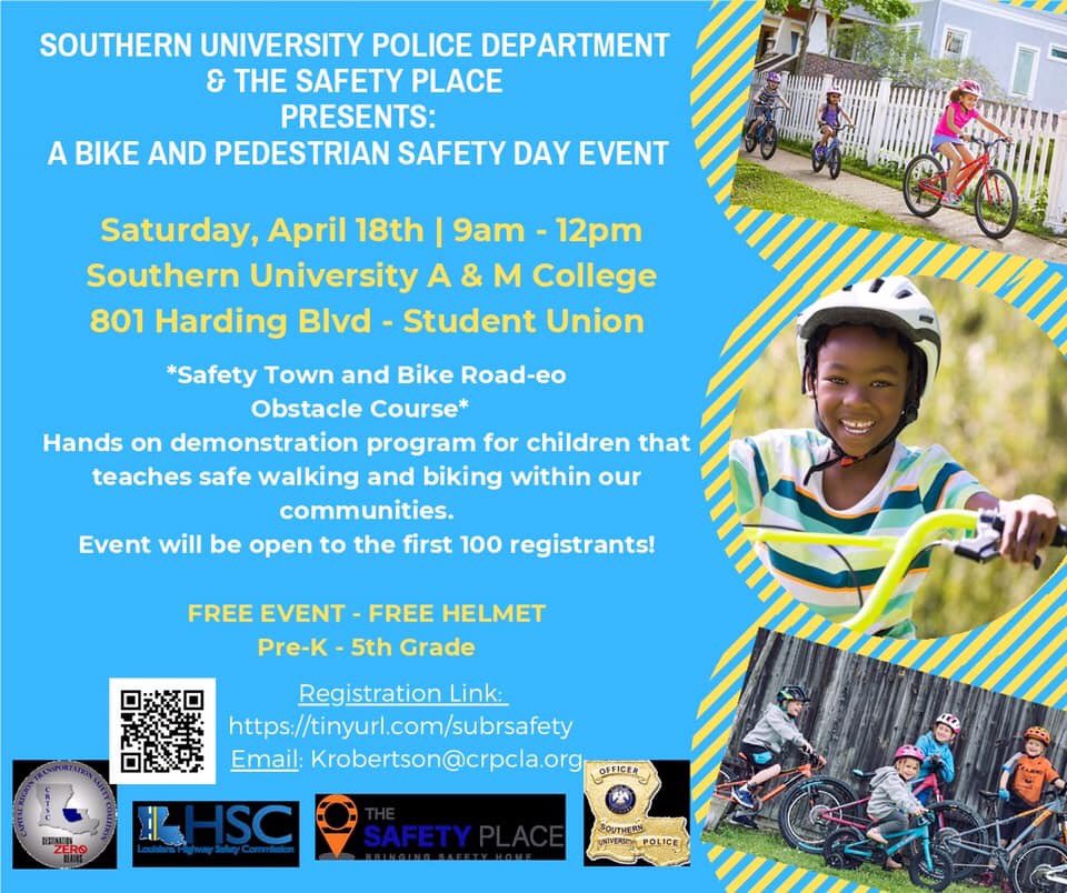 SouthernU_PD's tweet photo. Calling all future Jaguars !!  Join us for our Bike &amp; Pedestrian Safety Day on April 18 from 9-12. Register now because SPACE IS LIMITED!  Open to little Jags ages Pre K - 5th grade and completely FREE!! 🚲 🐆 🥇#WeAreSouthern #SUBR #SUPD https://t.co/QZURJmVc36
