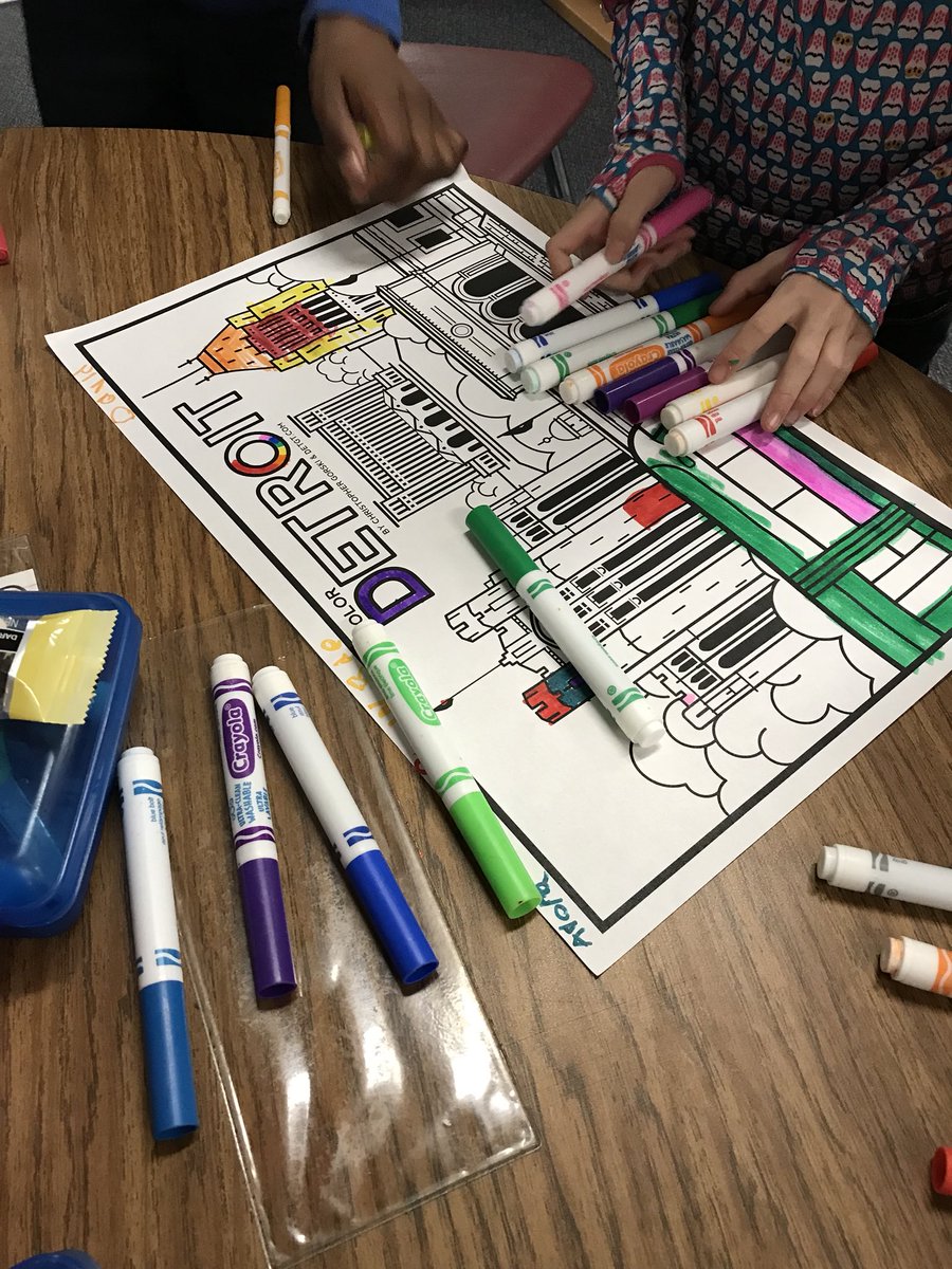 MrsWilsonsClass's tweet photo. First Graders showing #cooperation by coloring some awesome artwork by @detroitGT for our March is Reading Month door decor π#micoyotes https://t.co/d4SG0BkEYz