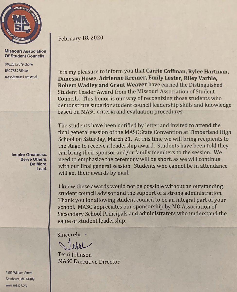 Congratulations to <a href="/LebanoStuCo/">Lebanon StuCo</a> members Carrie, Rylee, Danessa, Adrienne, Emily, Riley, Robert, and Grant on earning the Distinguished Student Leader Award from MASC! <a href="/MASCTerri/">Terri Johnson</a> <a href="/NatStuCo/">National Association of Student Councils (NASC)</a> <a href="/LebanonR3/">Lebanon Schools</a> <a href="/aimeehays/">Aimee Hays</a> <a href="/jina_richardson/">Jina Richardson</a> <a href="/lisalanthony/">Lisa Anthony</a> <a href="/StefRiggs/">Stefanie Riggs</a> Lori King <a href="/jacketcounselor/">Jacket Counselors</a>