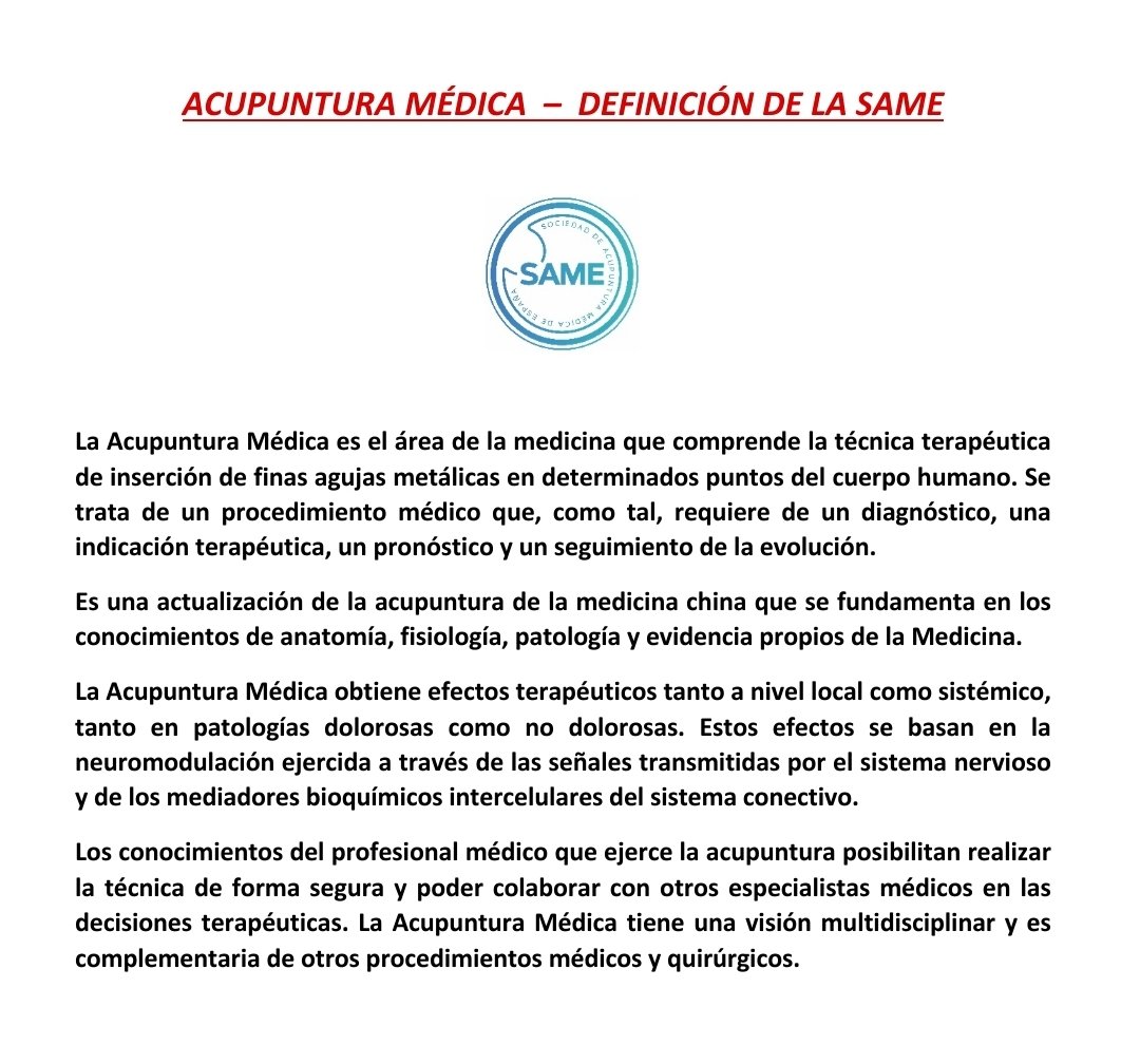 La Sociedad de Acupuntura Médica de España (SAME) ha publicado su DEFINICIÓN DE ACUPUNTURA MÉDICA en su página web:
same-acupuntura.org/2020/03/02/acu…

#AcupunturaMédica
#MedicalAcupuncture 
<a href="/SameEspana/">SAME - Sociedad de Acupuntura Médica de España</a>