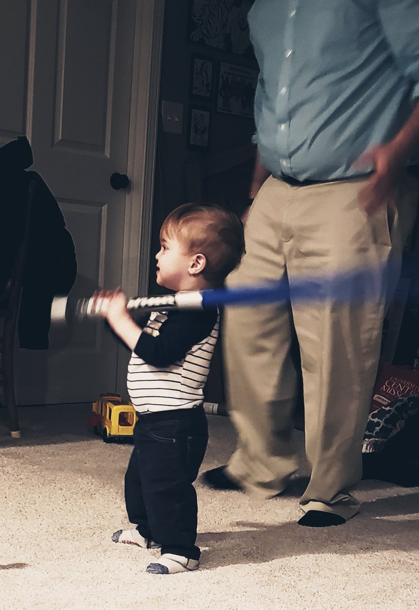 julietriplett07's tweet photo. #babybeef's first #lightsaber. Dad made one from PVC pipe a few years ago and Isaac got a hold of it tonight. Practicing his #jedi abilities. #momlife #nerdyparenting https://t.co/I1jCCb04oc