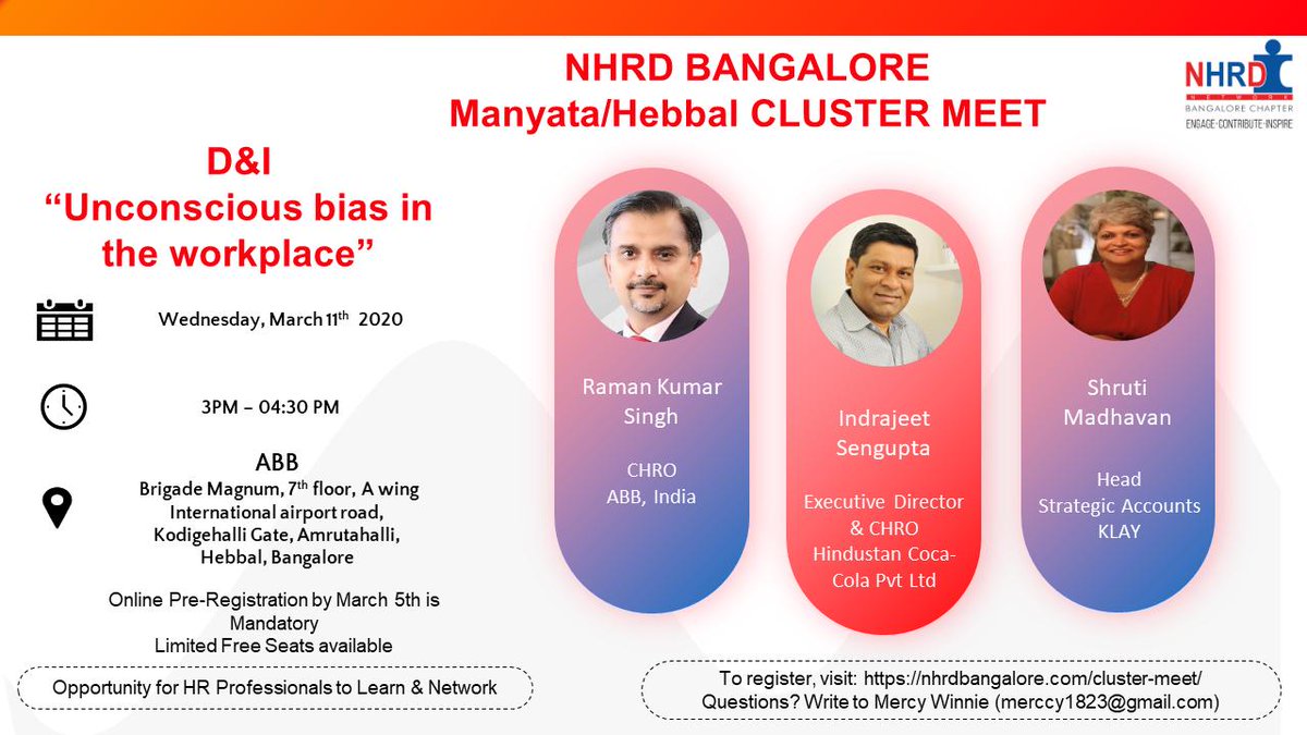 nhrdbangalore's tweet photo. @nhrdbangalore is restarting Cluster Meets. Theme for March Cluster Meets is D&amp;I.  Entry is free. Online registration is mandatory to attend. Sharing the Manyata Cluster session details. To know more and register, visit https://t.co/tbmSRYLJRV
@Smita_now @nikita1906 @mitchdudani https://t.co/Gl2OKJAZdT