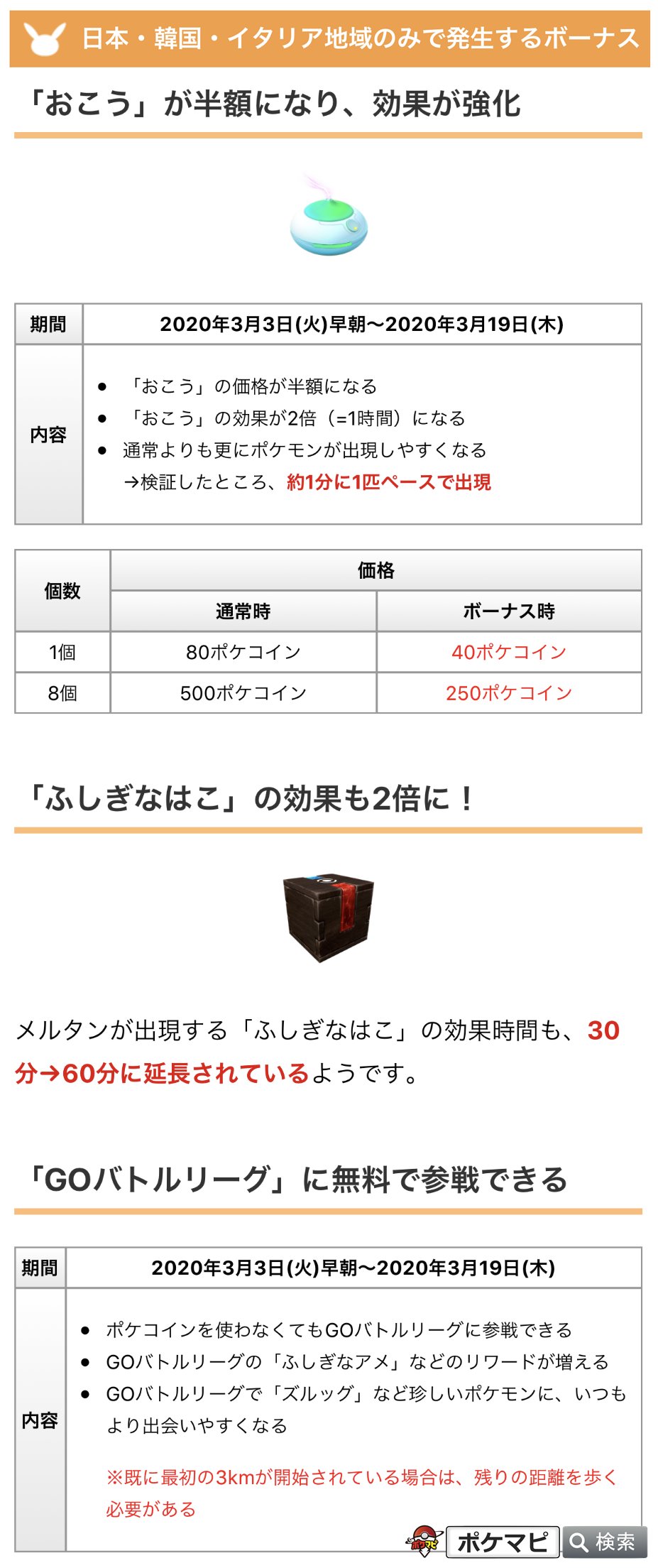 ポケモンgo攻略情報 ポケマピ 実際に おこう を使用した際の ぼうけんノート です 移動せずに検証 1個のおこう で64匹のポケモンが出現しました ボーナス期間中 3 3 3 19 は約1分に1匹ペースで出現するので 自宅にいてもポケモンの大量捕獲や