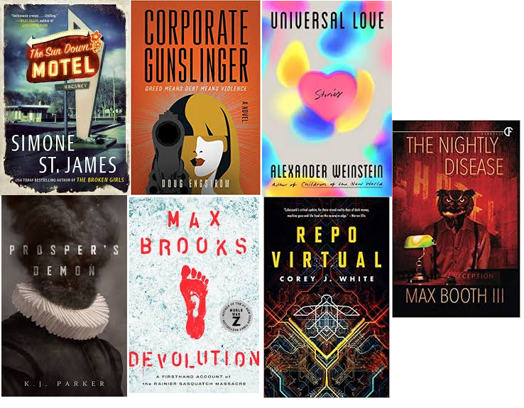 Pirate_Twinkie's tweet photo. All the books I read in February, using a shark rating system: 

The Sundown Motel 🦈🦈🦈🦈🦈
Corporate Gunslinger 🦈🦈🦈🦈🦈
Universal Love 🦈🦈🦈🦈🦈
Prosper's Demon 🦈🦈
Devolution 🦈🦈🦈🦈🦈
Repo Virtual 🦈🦈🦈🦈🦈
The Nightly Disease 🦈🦈🦈🦈🦈

#Reviewer
#Februaryroundup https://t.co/YZQPfPWhGB