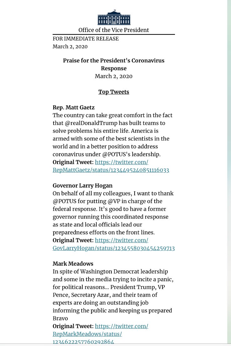 This is an actual White House press release praising Trump’s response to coronavirus ... filled with people’s tweets ...
