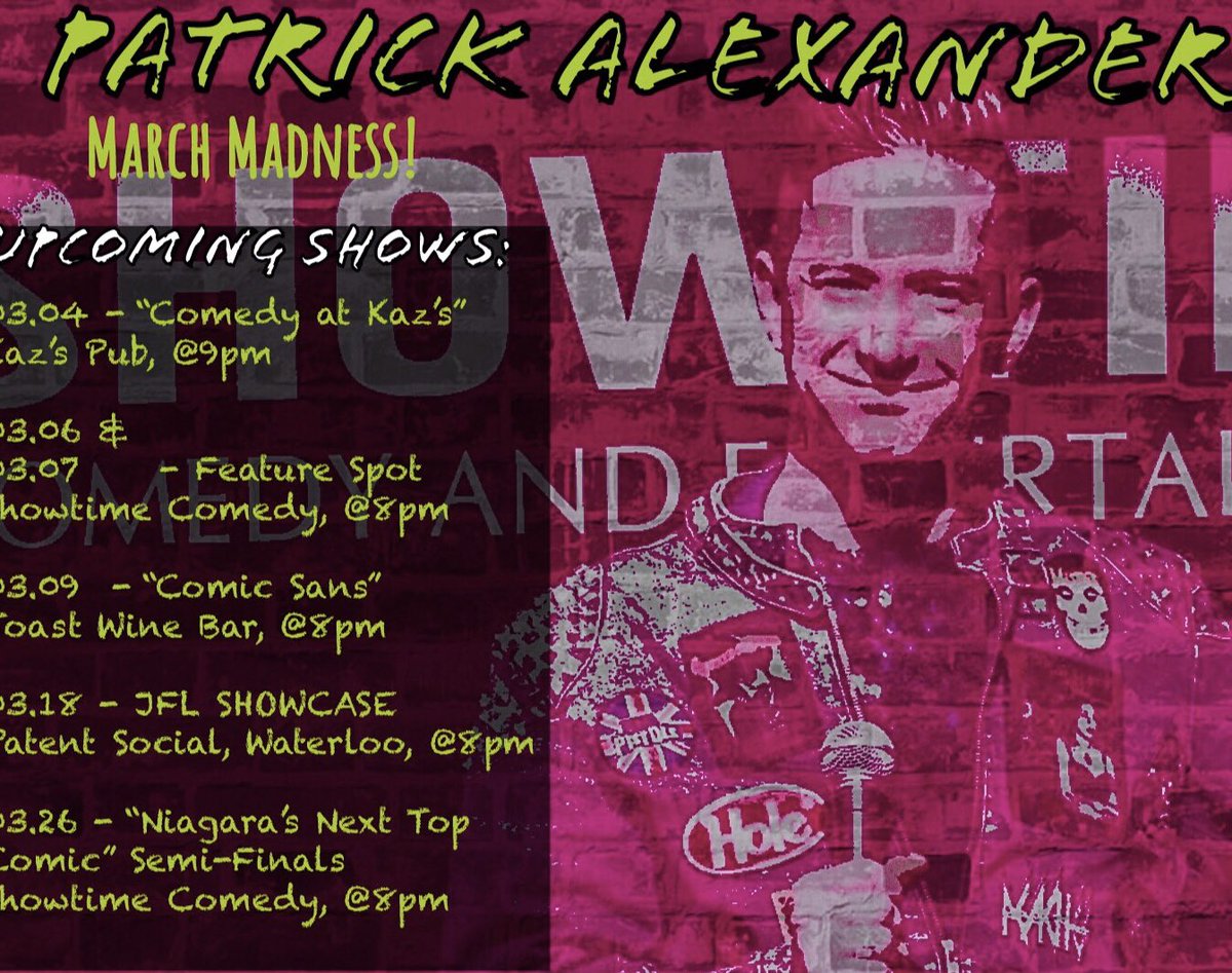 PAlexhaha79's tweet photo. JUST ADDED: I will be featuring at Showtime Comedy this Friday and Saturday along with my March kickoff at Kaz’s this Wednesday! Check out my bitchin’ new poster for shows if you want to come out and see your boy! #comedy #marchinlikealion #patrickalexander #godihatehashtags https://t.co/djYuuqF3M1